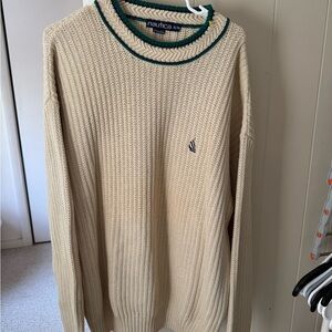 Vintage Nautica Men's Cream and Green Crewneck Sweater